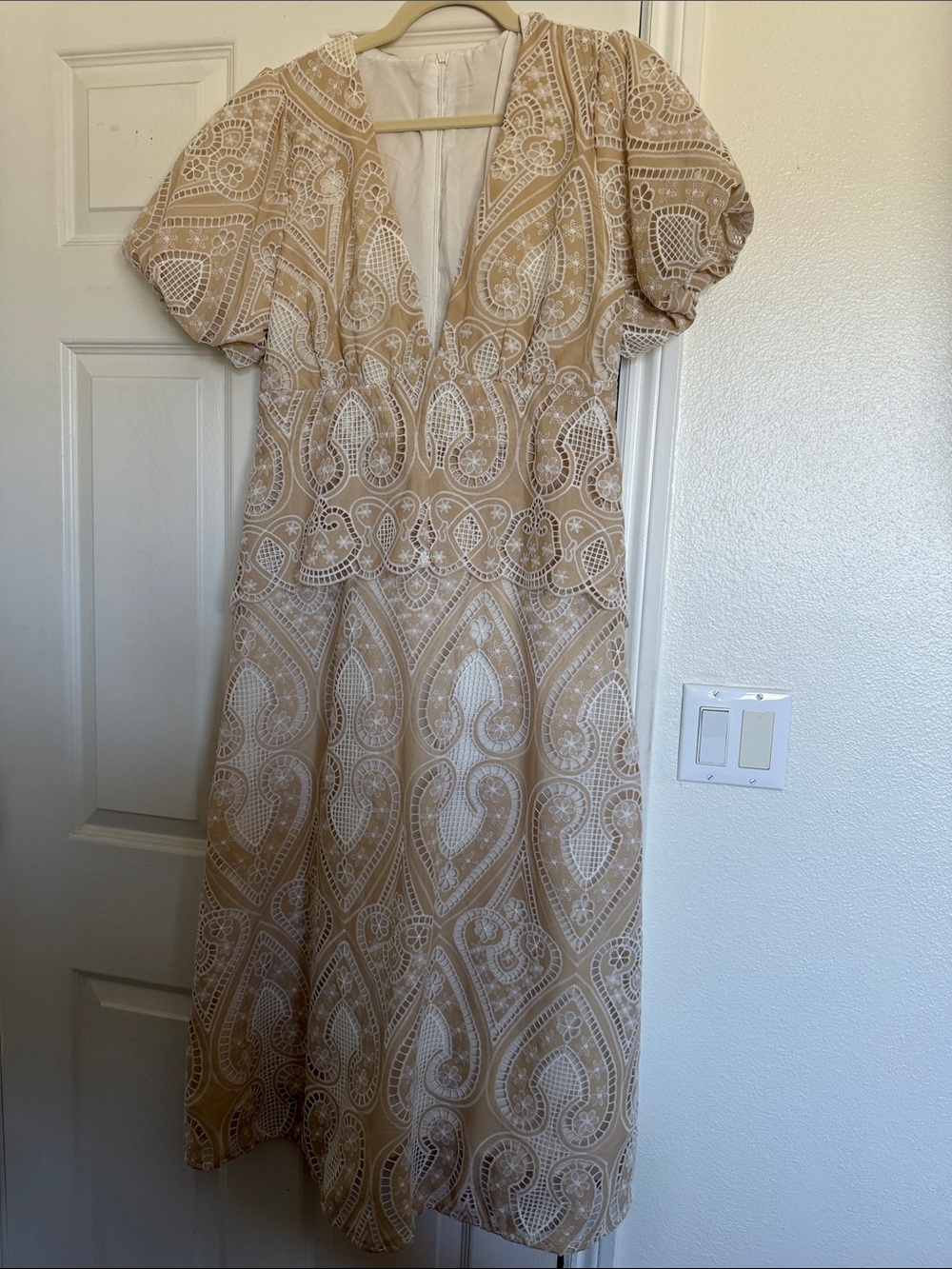 Beige and White Lace-Detail Midi Dress